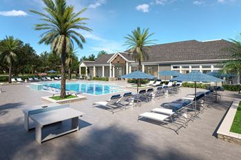 Resort style pool with tanning ledge, sundeck & cabanas